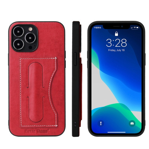 iPhone 13 mini Fierre Shann Full Coverage Protective Leather Case with Holder & Card Slot - Red